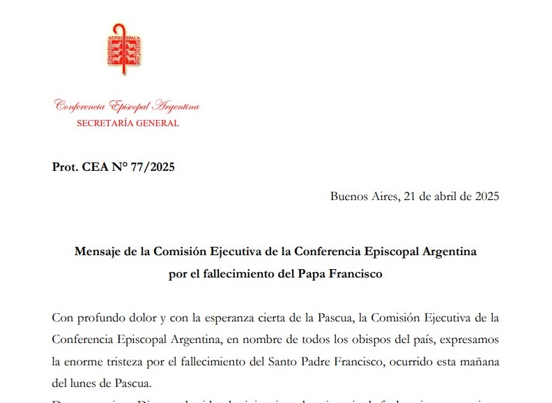 Los obispos argentinos expresaron la enorme tristeza por la muerte del Papa