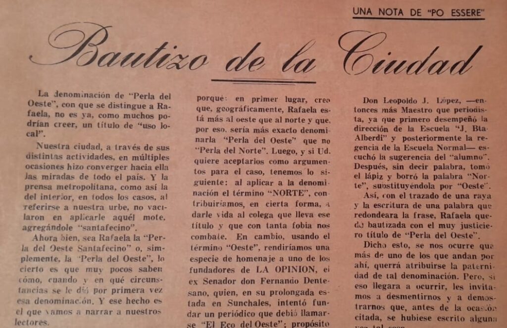 Se cumplen 100 años del origen del nombre “Perla del Oeste” a Rafaela
