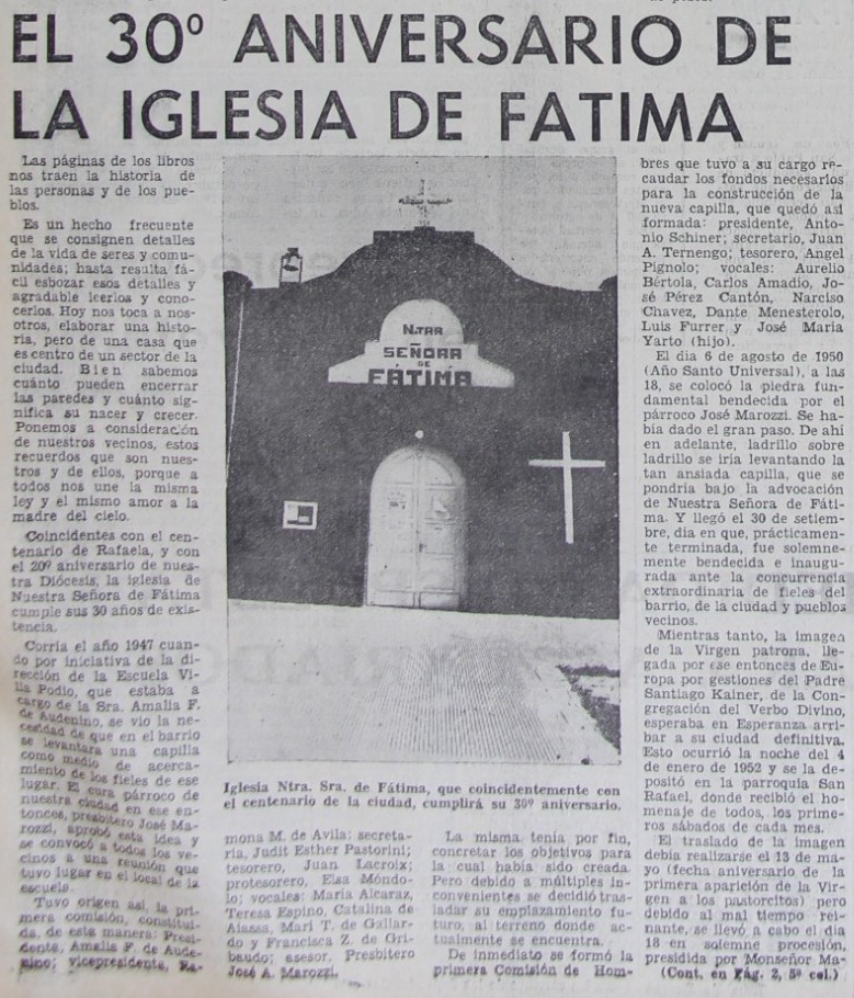 Celebrarán los 75 años de la capilla Nuestra Señora de Fátima